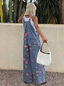 Livesso Mono vaquero holgado de pierna ancha con pliegues y estampado floral para mujer - Azul - Ver 2