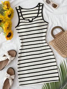 SHEIN Teen Girls' Summer Casual Vacation Knit Striped Camisole Dress - Black and White - View 3