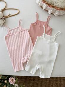 LMoss Kids 3pcs Baby Girl Summer Cute Solid Color Elastic Camisole Romper Set - Multicolor - View 5