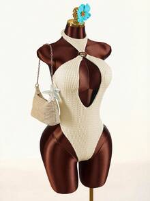 Amplova Women's Shell Metal Decor Halter Backless One-Piece Swimwear With Cover-Up & Skirt Set - Apricot - View 5