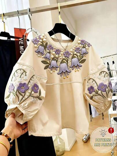 Resyla 女士优雅花卉刺绣灯笼袖宽松衬衫，适合春、夏、秋季穿着