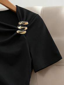 Formidée Plus Size Women's Minimalist Elegant Asymmetric Short Sleeve T-Shirt, Black And Gold Metal Accent, Asymmetric Hem Side Ruched, Summer Work Top - Black - View 4