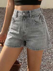 DAZY Shorts vaqueros súper cortos de verano para mujer con adornos de strass, ajustados y sexys - Gris - Ver 5