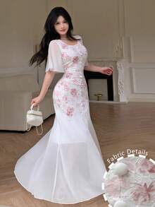 Modelyn Summer Elegant Sexy Lace Chiffon Print Fitted Fishtail Dress Wedding Golf Holiday Boda White - Multicolor - View 5