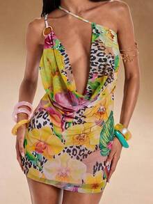 ROMWE Y2K Spring/Summer Vacation Sexy Wild Floral Print Women's Mini Spaghetti Strap Draped Neck Bodycon Dress - Pink - View 11