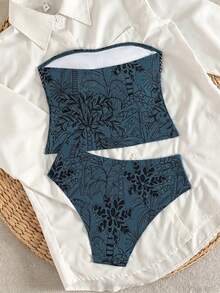 Swim Lushoire Nuevo 2026 Top de bikini corto con tirantes finos, estampado tropical de árbol de coco, cintura alta, sin tirantes y sin espalda, para mujer, para playa y casual de verano - Agua verde azul - Ver 2