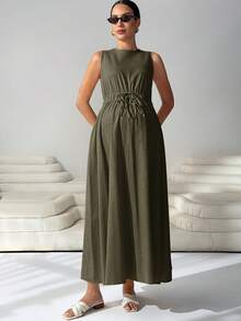 MaterniWear Maternity Solid Color Round Neck Pleated Casual Vacation Dress - Army Green - View 8