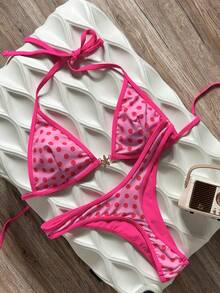 Swim Mod Spring/Summer Solid Color Triangle Wireless Halter Backless Top And Swim Shorts Women Sexy Bikini Set For Beach Vacation - Watermelon Pink - View 3