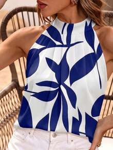 Breezaya Women's Summer Vacation Leaf Print Fold-Over Pleated Halter Shirt - Multicolor - View 3