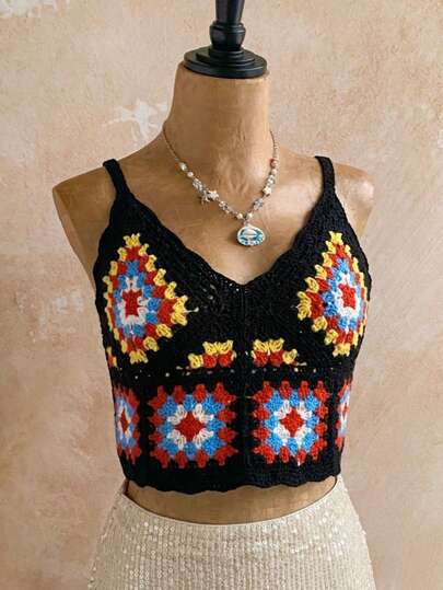 Mujer top tejido bohemio crochet granny square geométrico ajuste slim sin mangas primavera verano playa vacaciones festival top