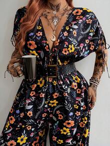 Whyspr Plus Size Women's Black Digital Floral Print Drawstring Shoulder Jumpsuits - Black - View 1