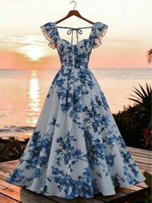 SHEIN Franclia Women's White And Blue Floral Ruffle-Sleeve Elegant A-Line Long Dress, Summer Tropical Holiday Vacation Tea Party Spring Getaways Outfit - Blue and White - View 1