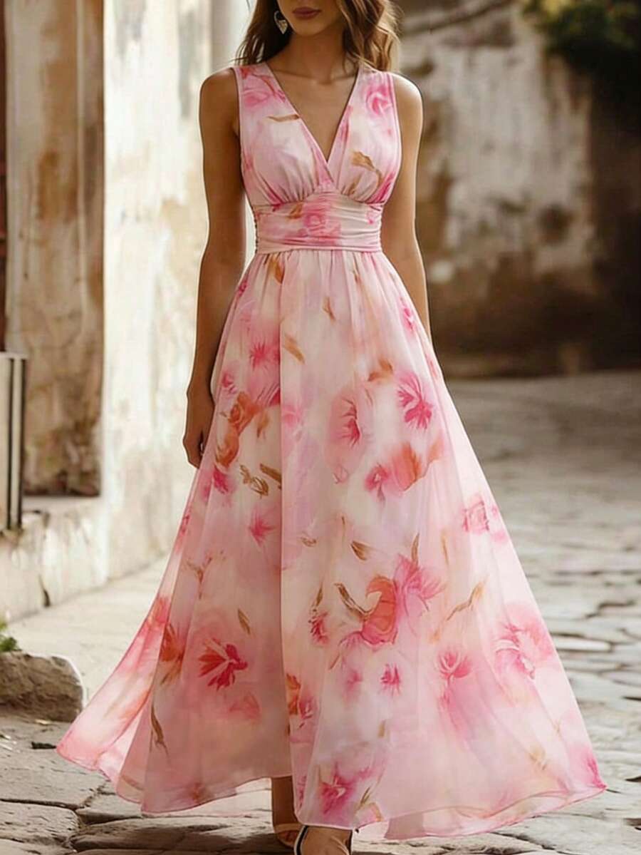 SHEIN Đầm maxi không tay in hoa thanh lịch, lãng mạn dành cho nữ, màu hồng, kiểu dáng dạ hội, thích hợp cho mùa xuân hè, đi biển, dự tiệc sang trọng, thường ngày, dự đám cưới, đầm dạ hội cao cấp, trang phục đi nghỉ mát, đầm tốt nghiệp, đầm sinh nhật, trang phục nghỉ hè, đầm công sở. - Hồng - Xem 1