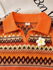 Burnt Orange Summer Cute School Back-To-School Tween Girls Vintage Colorblock Geometric Striped Vest & Denim Ruffled Hem Shorts 2-Piece Outfit Set - Orange - View 3