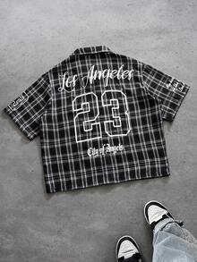 PAVTROS Men's Casual Plaid Letter Print Shirt, Summer - Black and White - View 2