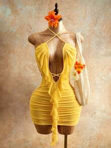 Mistrie Women's Short Hollow Tie Ruffle Hem Dress - Yellow - View 4