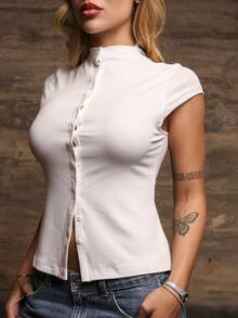 Victoria Miranda Women's Fall Women Solid Color Mock Neck Top Capped Sleeve Single-Breasted Casual Women Top, Button Up Women Jersey Top White - White - View 4