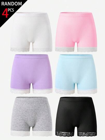 4pcs/Pack Girls' Cotton Lace Patchwork Solid Color Comfortable Briefs, Random 6 Colors