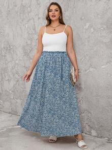 Reflora Plus Size Summer Pink Densely Printed Flared Comfortable Skirt - Blue - View 3