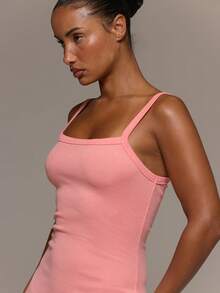 MUSERA ESSENTIALS Ribbed Straight Neckline Fitted Mini Dress   Cute Everyday Basics Sexy Daily Spring Summer Essential - Coral Orange - View 2