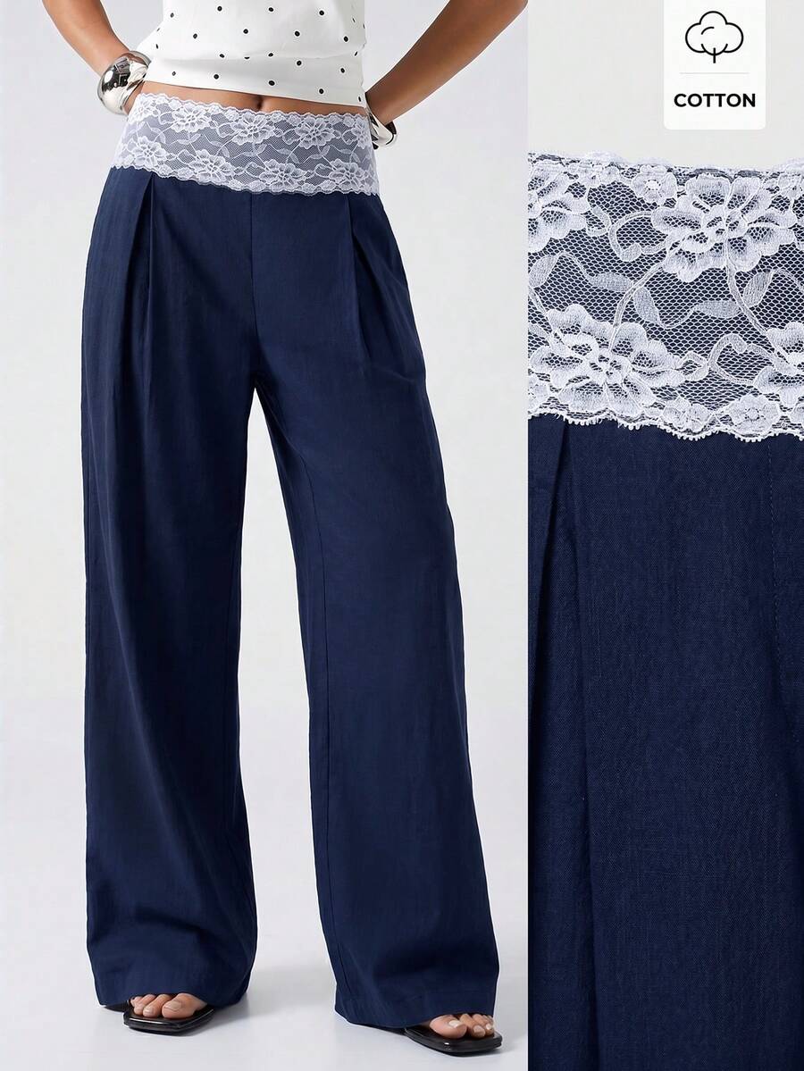 LYSMO Celana Panjang Lebar Minimalis Baru 2026 Warna Biru Tua & Putih dengan Motif Patchwork, Gaya Kasual & Komuter, Cocok untuk Musim Semi, Musim Panas, dan Liburan - Navy Blue - View 1