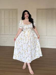 Vibekara Plus Size Vacation Style Square Neck Waist Cinched A-Line Dress - Multicolor - View 7