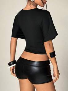 EgrlEra Camiseta de mujer de cuello en V profundo negro de manga ancha - Negro - Ver 2
