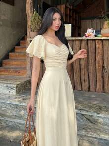 Modelyn 女士黄色梭织短袖收腰A字褶皱优雅浪漫中长连衣裙，春夏款 - 杏色 - 查看 8