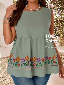 EMERY ROSE Plus Size Summer Sage Green Boho Floral Print Sleeveless Tank Top,Casual Blouse,Vacation Outfits For Women,Country Style Simple Fashion Top - Multicolor - View 1
