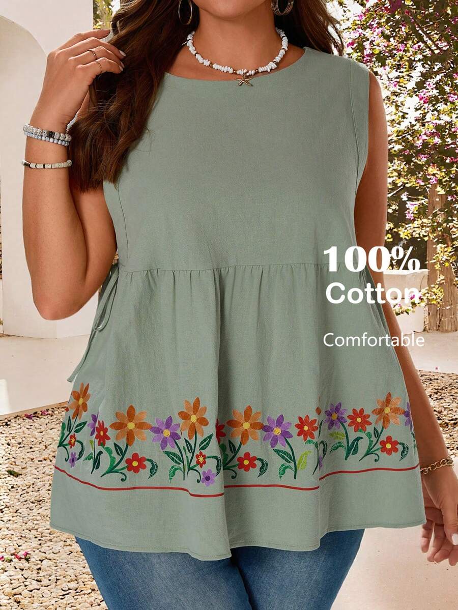 EMERY ROSE Plus Size Summer Sage Green Boho Floral Print Sleeveless Tank Top,Casual Blouse,Vacation Outfits For Women,Country Style Simple Fashion Top - Multicolor - View 1