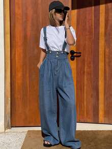 DAZY Quần yếm denim nữ cổ cao dáng rộng, có thể điều chỉnh kích cỡ. - Rửa trung bình - Xem 4
