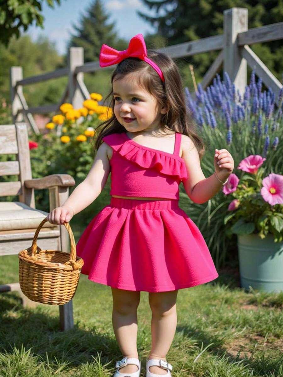 Elladie kids 女婴荷叶边背心短款上衣和裙子 2 件套,夏季时尚 - 粉色 - 查看 1