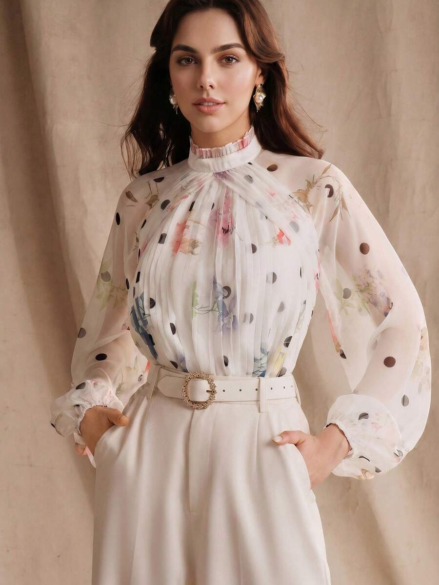 Anewsta Blusa elegante y vaporosa para mujer con mangas abullonadas, pliegues delanteros y estampado de lunares y elementos florales, versátil para primavera/verano - Albaricoque - Ver 1
