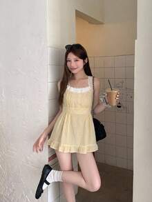 DAZY 女士格子撞色夏季二合一蕾丝边吊带背心 - 黃色 - 查看 3