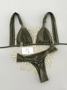 SHEIN Swim 女士性感沙滩度假纯色时尚挂脖系带比基尼上衣，褶皱抽绳腰比基尼下装，适合街头风、音乐节、泳池派对等场合，泳装套装 - 橄欖綠 - 查看 2