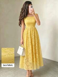 Modelyn Yellow Lace Trim Shoulder Strap Ruffle Hem Dress, Summer Wedding Bridal Party Day Wedding Elegant - Yellow - View 1