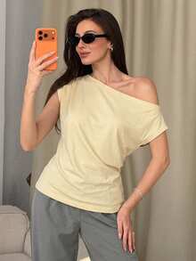 Livesso Striped Off-Shoulder Ruched Bodycon Short Sleeve T-Shirt For Women Summer - Yellow - View 6