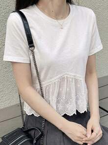 DAZY Women's Solid Color Crew Neck Short Sleeve Lace Patchwork Casual Summer Top - White - View 5