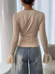 Women's Fashionable Elegant Bell Sleeve Ruched Fitted Blouse Fall Cloth For Women - Apricot - View 2