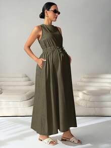 MaterniWear Maternity Solid Color Round Neck Pleated Casual Vacation Dress - Army Green - View 7