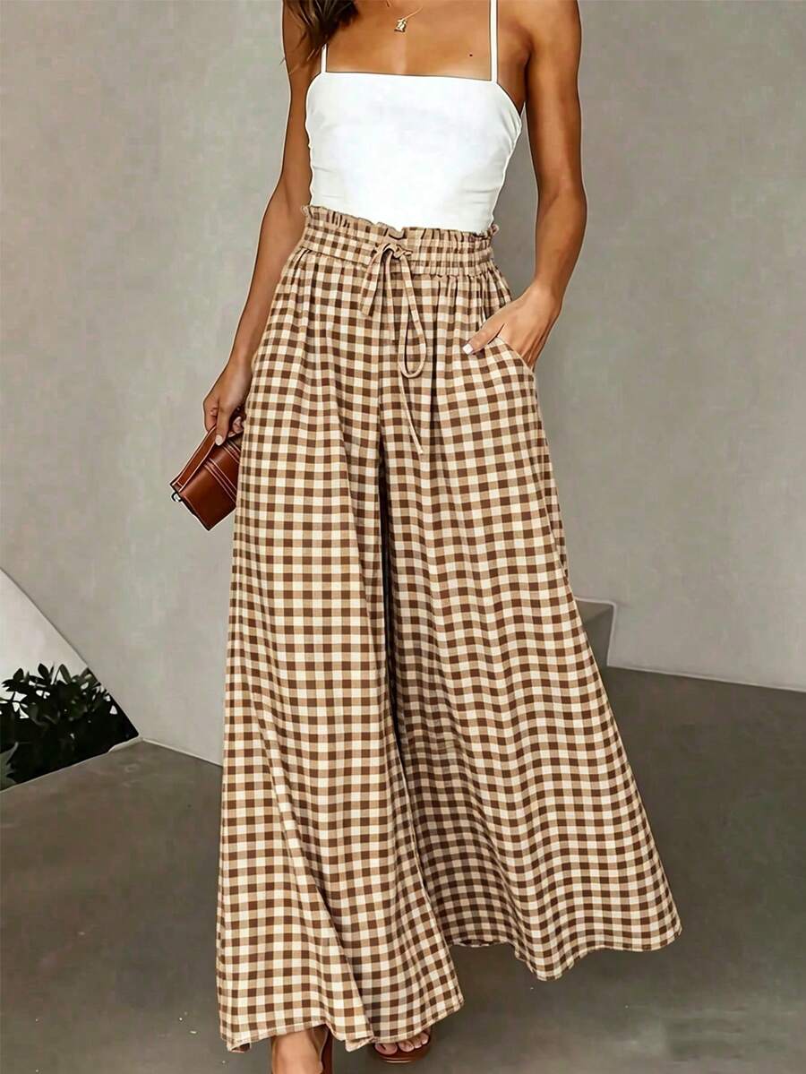 Pariaura Quần ống rộng kẻ caro thắt eo bèo nhún dành cho nữ - Màu Khaki - Xem 1