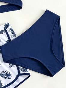 SHEIN Teen Girl Tropical Plant Print Swimwear Set With Shorts, Summer Beach Vacation - Navy Blue - View 4
