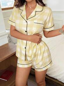 Napfluff Conjunto de pijama con estampado de cuadros en el cuello - Amarillo - Ver 3
