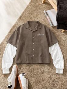 SWAVVY Men's Casual Daily Plaid Patchwork 2 In 1 Front Button Long Sleeve Shirt - Brown - View 2