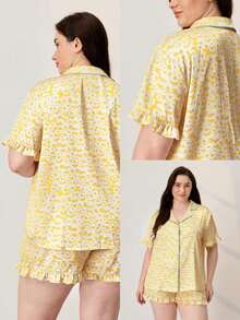 LUVLETTE Plus Size Women's Satin Yellow Printed Collared Button Short-Sleeved Top And Shorts Pajama Set Ruffled Collar & ShortSleeve Top Luxe Lounge Wear - Yellow - View 3