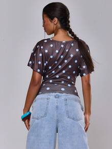 MUSERA Brown And Blue Polka Dot Batwing Cinched Waist Slouchy Top Spring Summer Vacation Holiday Ibiza Boho Sexy Elegant Casual Festival Night Out Everyday - Brown - View 4