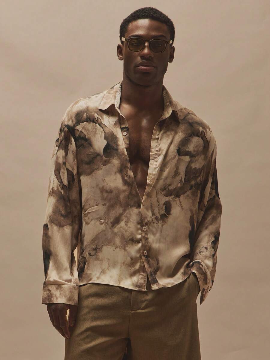 Musero Camisa de manga larga con botones y bolsillo con parche bordado de marca para hombre, para primavera y verano - Albaricoque - Ver 1