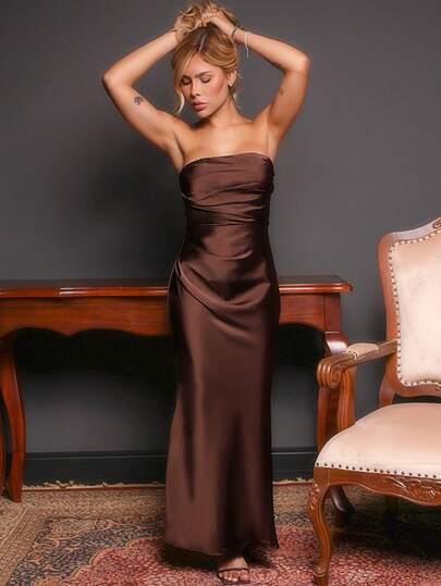 Victoria Miranda Autumn/Winter Women's Sexy Minimalist Solid Color Cream Yellow Ruched Backless Mermaid Dress, Suitable For Parties, Cocktail Events, Formal Occasions, Bridesmaid Dresses, Birthday Dresses, Yellow Satin Formal Gown, Christmas, Banquet, Business Casual Brown Wedding Guest Dress Brown Bridesmaid Dress