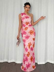 MSFirerie Vestido largo ajustado, elegante y romántico para mujer, con hombro asimétrico, adecuado para fiesta, vacaciones en la playa, vuelta al cole - Rosa - Ver 6