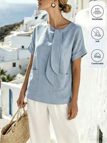 Louniche Camisa casual de mujer con efecto de textura de mezclilla, cuello redondo, lazo delantero, bolsillo, manga corta, para primavera/verano - Azul - Ver 1